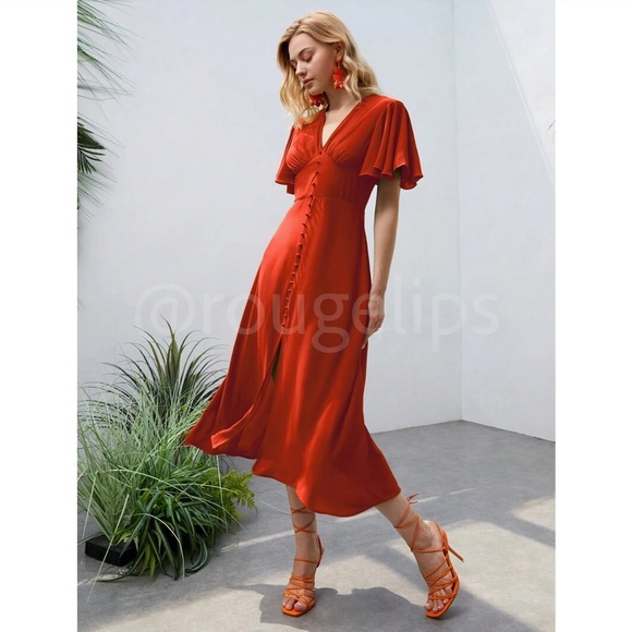 Burnt Orange V-Neck Midi Dress Fit and Flare Butterfly Sleeve Faux Button Front - Picture 1 of 12